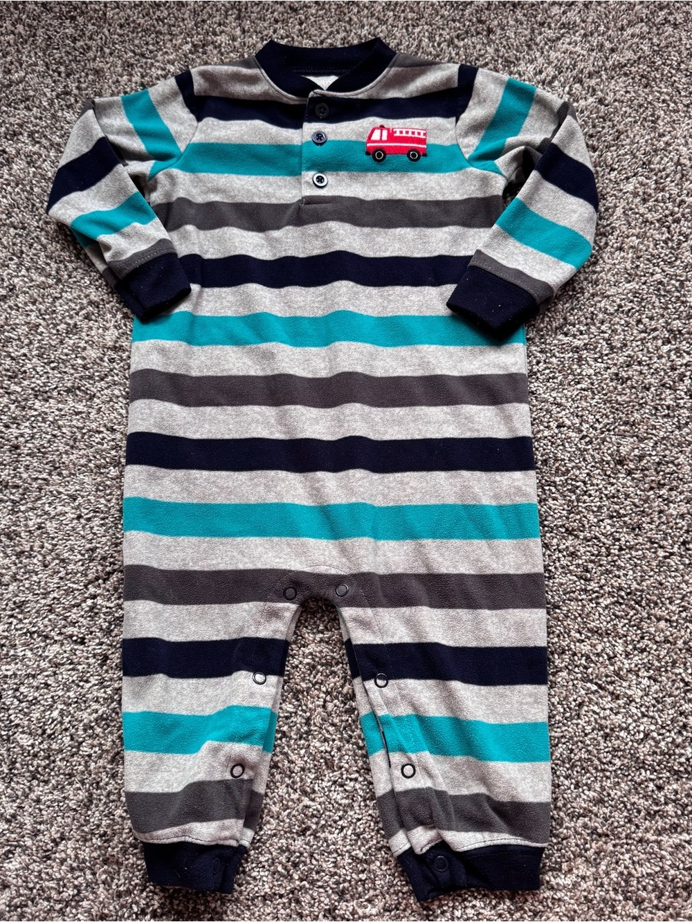 Carter's Navy, Teal & Gray Striped Footie with Firetruck Patch
